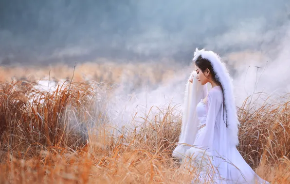 Картинка девушка, природа, туман, профиль, азиатка, песец, закрытые глаза, головной убор