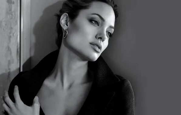 Angelina Jolie, girl, black and white