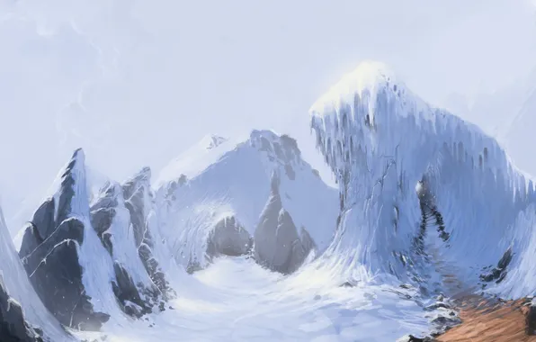 Картинка дорога, снег, горы, скалы, вершины, сосульки, арт