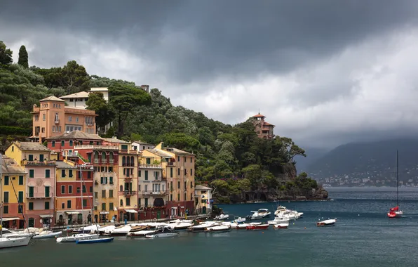 Картинка тучи, город, фото, побережье, дома, Италия, Portofino