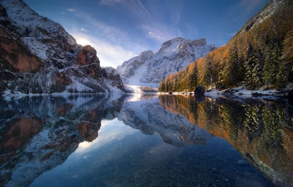 Картинка зима, осень, небо, снег, отражения, озеро, гора