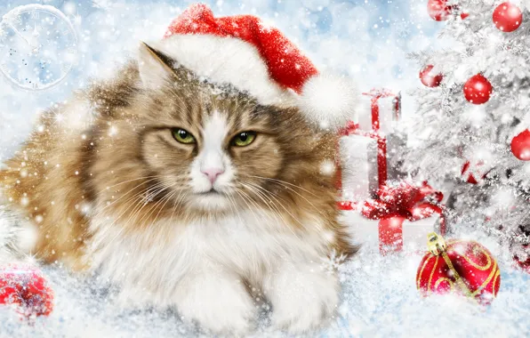Картинка кошка, кот, рендеринг, праздник, игрушки, новый год, украшение
