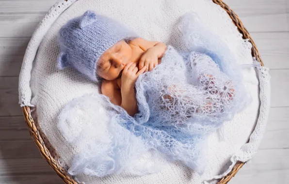 Сон, малыш, корзинка, шапочка, спит крошка, child, sleeps