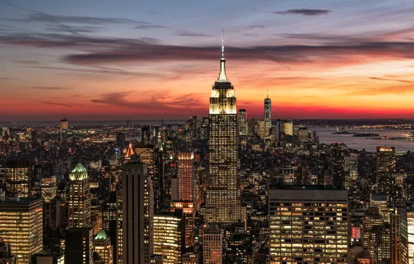 Картинка закат, здания, дома, Нью-Йорк, ночной город, Манхэттен, небоскрёбы, Manhattan