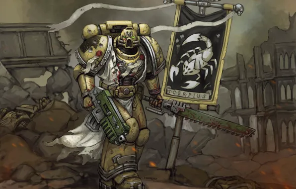 Меч, шлем, броня, Space Marine, Warhammer, art, Warhammer 40k, знамя