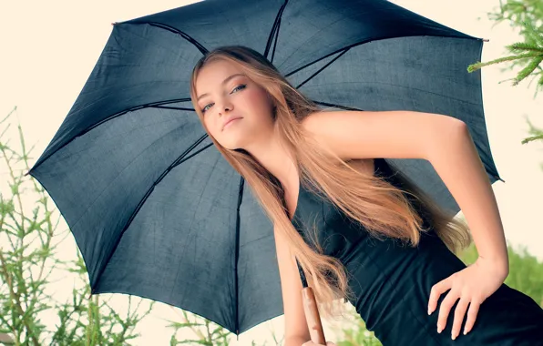 Волосы, зонт, платье, блондинка, girl, dress, umbrella, hair