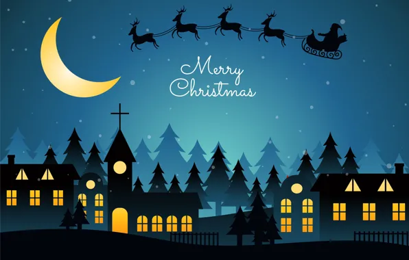 Дома, Ночь, Рождество, Новый год, Санта Клаус, Олени, Merry Christmas, Сани