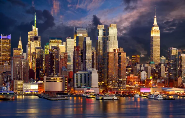 Картинка ночь, огни, побережье, Нью-Йорк, небоскребы, США, Манхэттен, причалы
