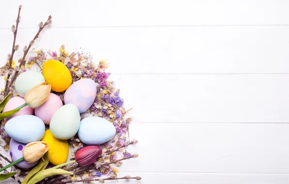 Картинка цветы, яйца, Пасха, happy, wood, flowers, eggs, easter