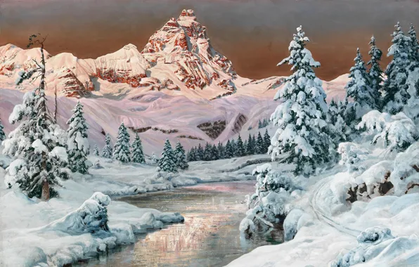 Картинка Alois Arnegger, австрийский живописец, Austrian landscape painter, oil on canvas, Алоис Арнеггер, Mountain range in …