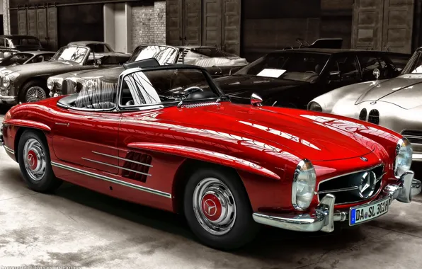 Ретро, Авто, кабриолет, красный., Mersedes Benz 300SL