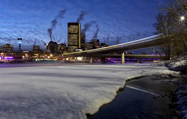 Зима, мост, город, река, Канада, Калгари, Calgary
