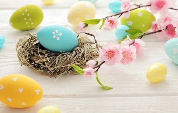 Цветы, яйца, Пасха, гнездо, flowers, spring, Easter, eggs