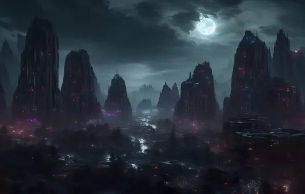 Future, moon, landscape, night, art, fantastic, digital art, mount