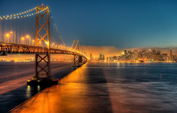Картинка ночь, город, огни, Калифорния, Сан-Франциско, США, мост Бэй-Бридж, by JonBauer