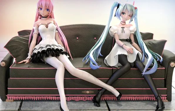 Девушки, диван, вокалоид, Miku, Luka