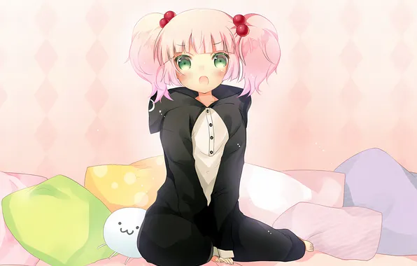 Girl, pink hair, green eyes, anime, beautiful, twintails, short hair, pretty