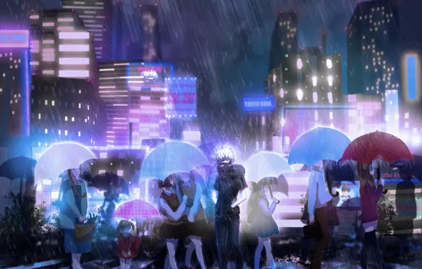 Картинка город, люди, дождь, зонт, аниме, маска, арт, вывески