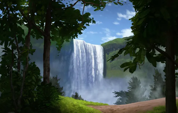 Картинка лес, деревья, природа, водопад, холм, арт