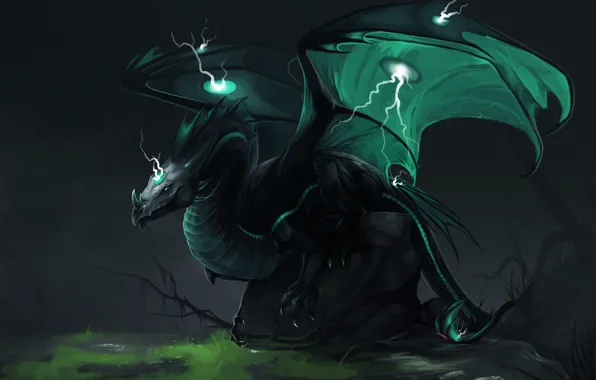 Картинка взгляд, зеленый, фантастика, молнии, дракон, крылья, арт