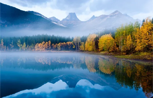 Картинка осень, лес, природа, гладь, отражение, вершины, горное озеро