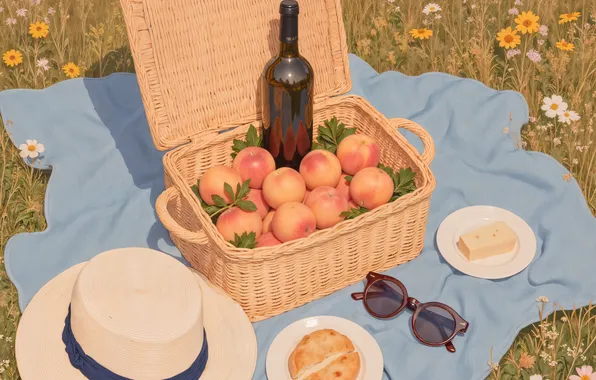 Цветы, вино, поляна, яблоки, бутылка, еда, шляпа, сыр