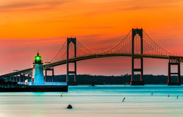 Картинка мост, огни, маяк, США, Ньюпорт, Род-Айленд
