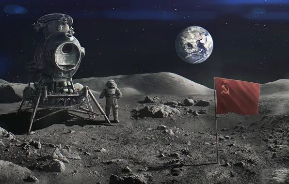 Картинка земля, космонавт, Луна, флаг, ссср, ussr, Evgenij Kungur, Проект Н1-Л3