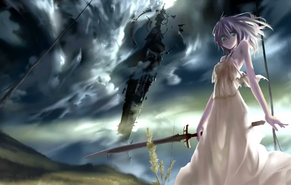 Картинка girl, sword, tower, sky, green eyes, weapon, Warrior, anime