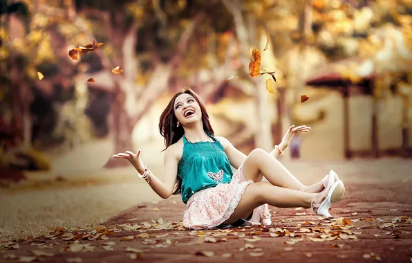 Картинка дорога, осень, листья, девушка, настроение, красота