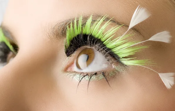 Картинка глаза, ресницы, перья, зеленые