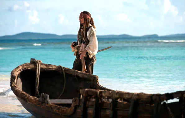 Картинка море, океан, лодка, Johnny Depp, пират, Джонни Депп, Пираты Карибского моря: На странных берегах, Pirates …