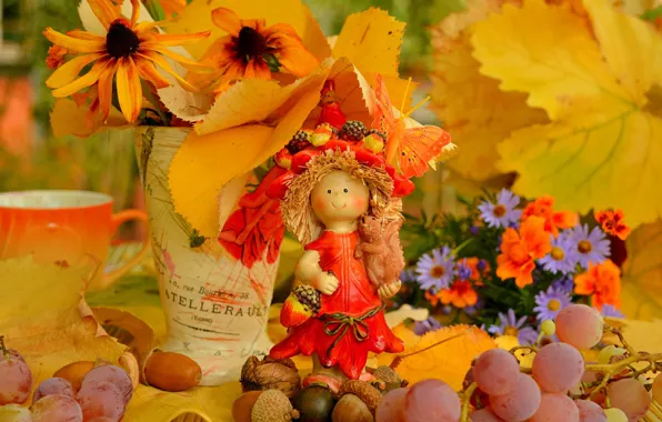 Картинка Цветы, Осень, Листья, Кукла, Виноград, Fall, Flowers, Autumn