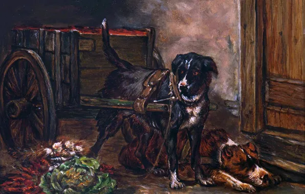 Картинка Картина, Собаки, Двое, Генриетта Роннер-Книп, Тележка, Henriette Ronner-Knip, Бельгийская художница, Две собаки у тележки с …