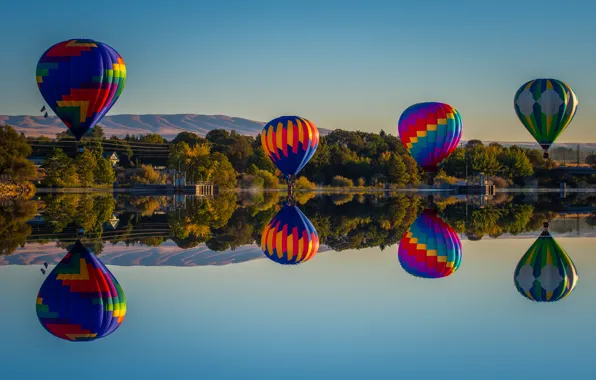 Картинка небо, горы, озеро, отражение, воздушные шары, зеркало, экстремальный спорт, берег озера