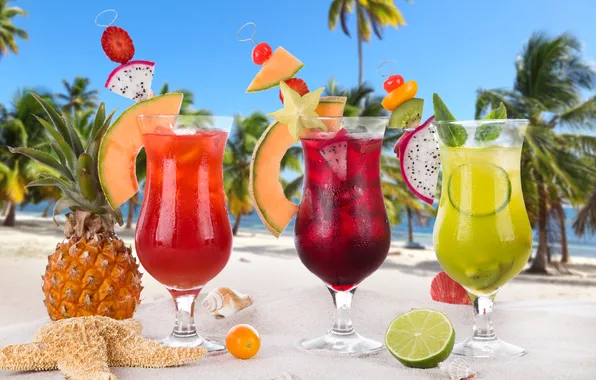 Beach, fresh, коктейли, sand, fruit, drink, palms, tropical