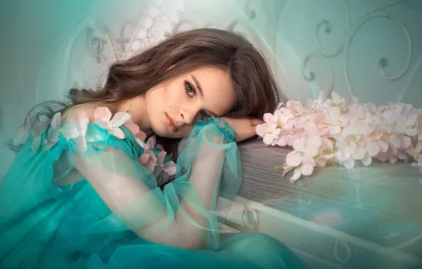 Девушка, цветы, поза, модель, рука, макияж, платье, прическа