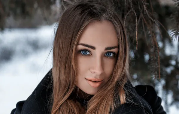 Зима, лес, взгляд, девушка, лицо, милая, модель, губы