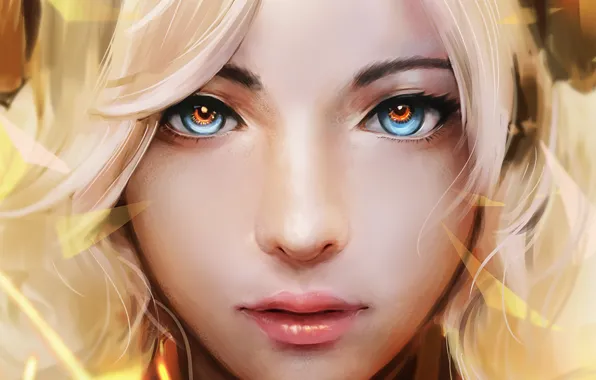 Girl, art, blue eyes, lips, blonde, digital art, artwork, mouth