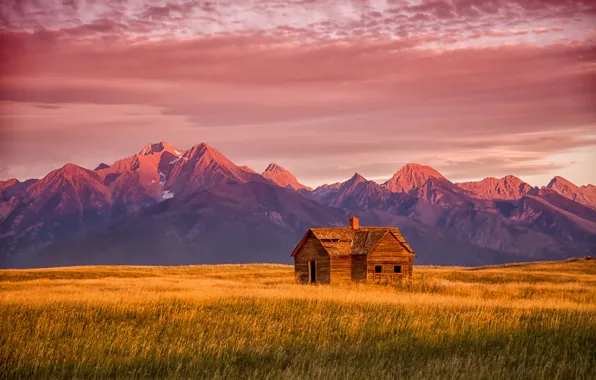 Горы, рассвет, Монтана, США, заброшенный дом