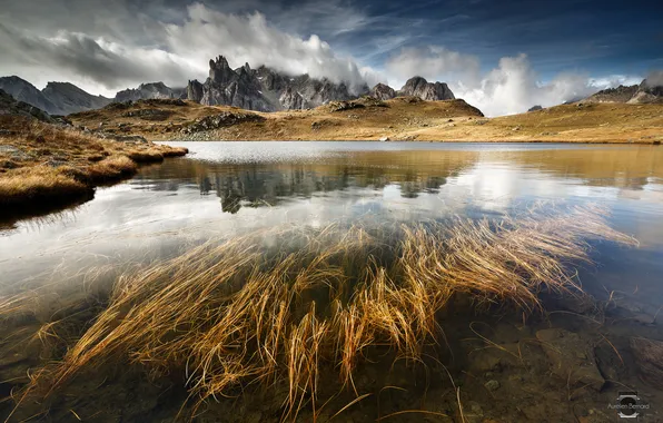 Картинка трава, вода, облака, горы, озеро, камни, скалы, Альпы