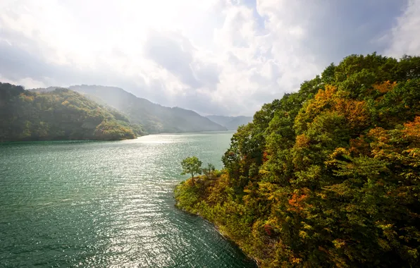 Осень, лес, облака, горы, озеро, ранняя