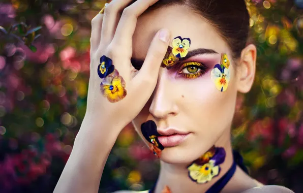 Лето, взгляд, девушка, цветы, крупный план, природа, лицо, поза