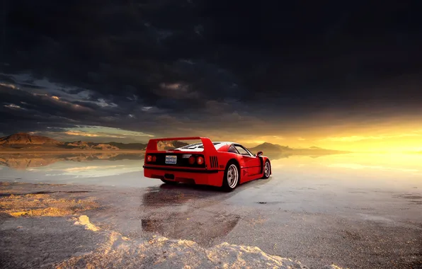 Картинка Ferrari, sky, sunset, clouds, Utah, Ferrari F40, Bonneville Salt Flats, salt lake