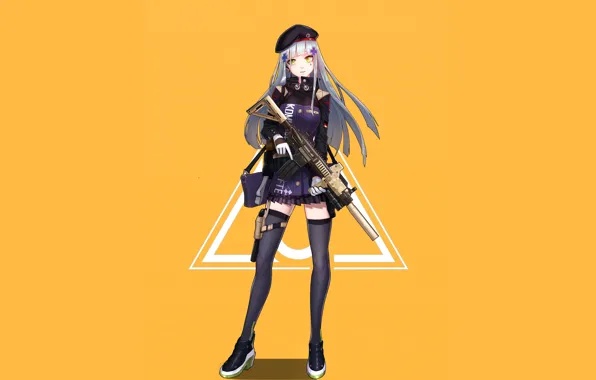 Девушка, оружие, аниме, арт, жёлтый фон, Girls Frontline, Девушки фронта