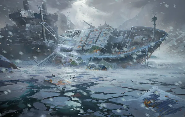 Картинка холод, лед, море, снег, люди, корабль, катастрофа, арт