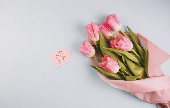 Картинка цветы, букет, тюльпаны, love, розовые, fresh, wood, pink