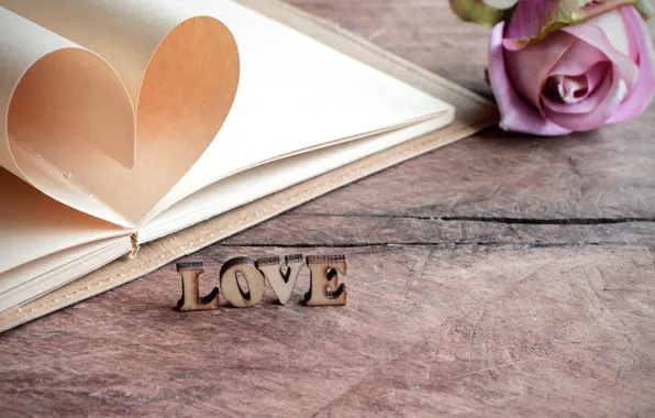 Надпись, роза, Love, тетрадь, сердечко