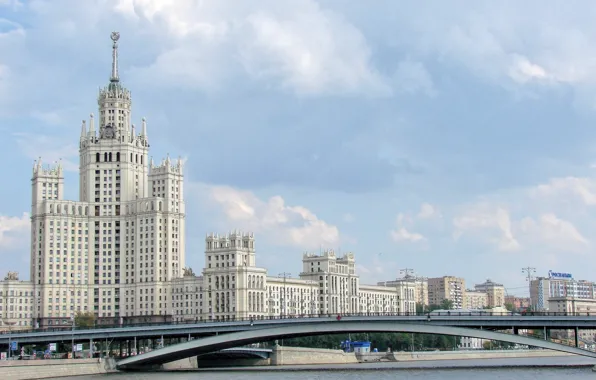 Картинка мост, дом, река, фон, widescreen, обои, здания, Москва
