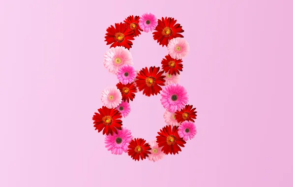 Цветы, цифра, розовые, 8 марта, pink, flowers, women's day